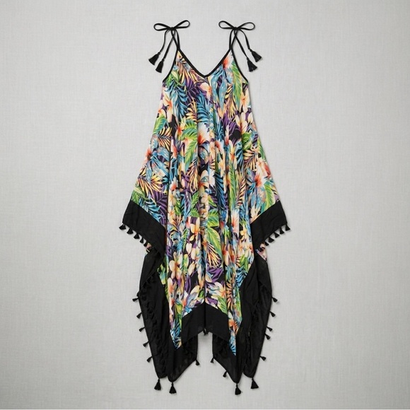 Vince Camuto Other - Vince Camuto Tropical Palm Handkerchief Hem Tassel Cover Up Dress One Size
